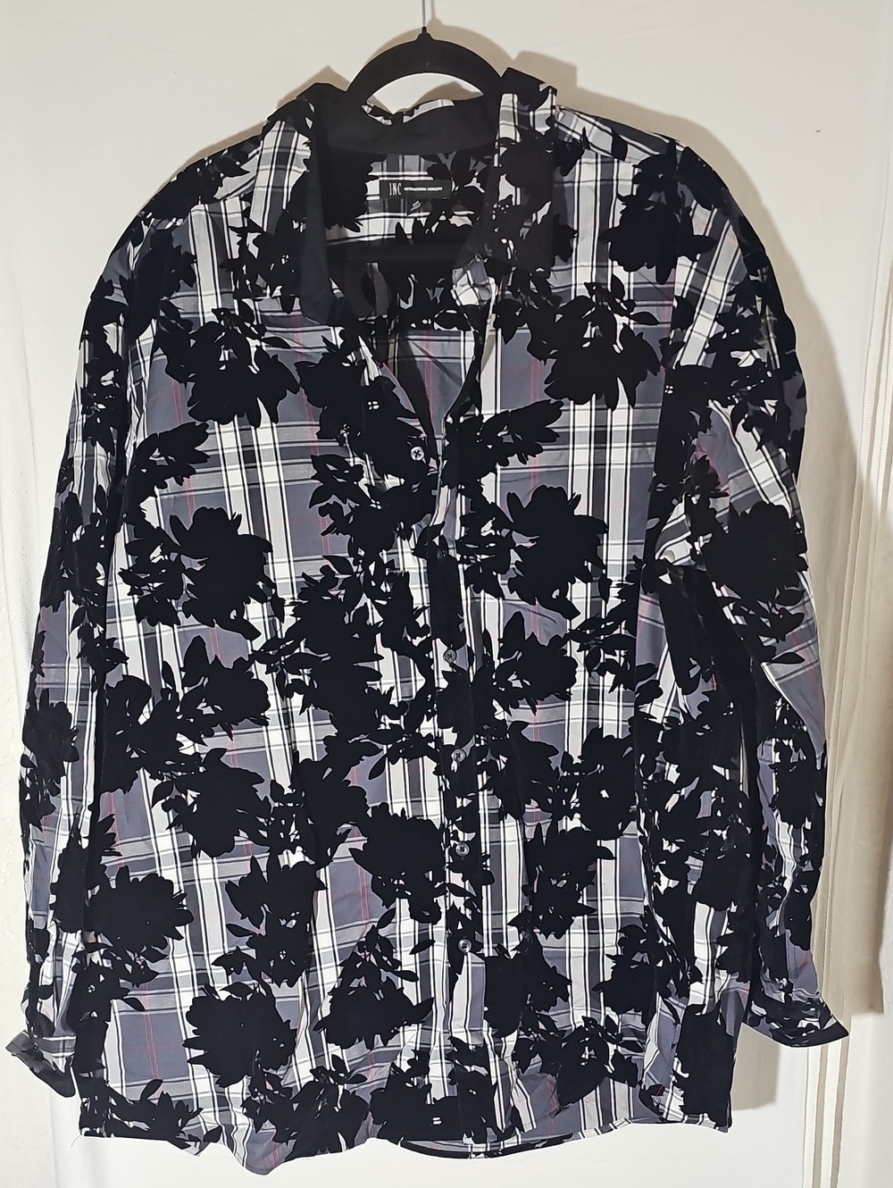 INC International Concepts Black Floral Plaid Button-Down Shirt